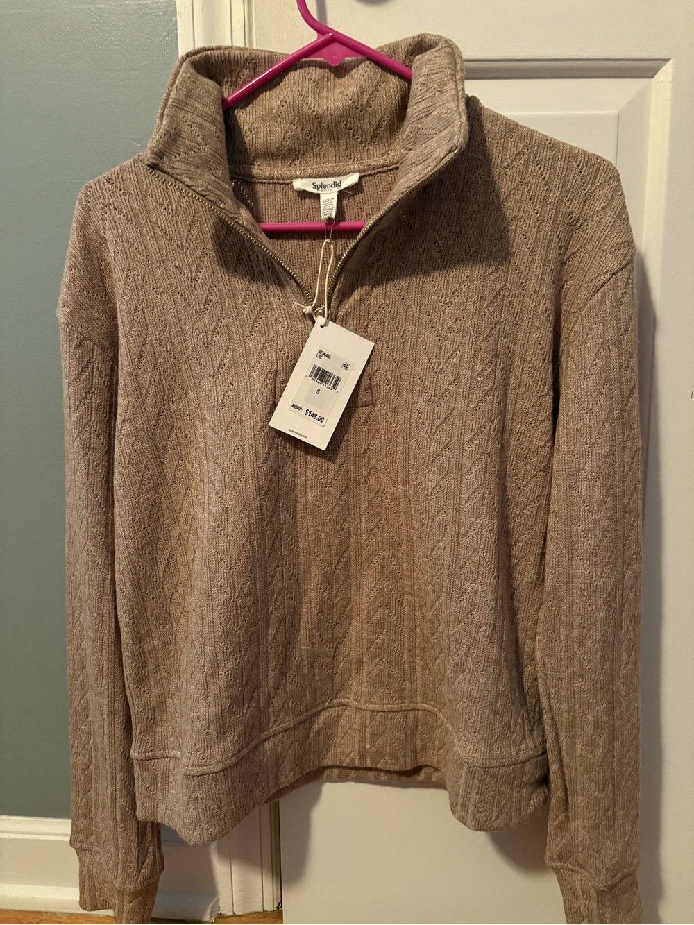 Splendid Taupe Cable Knit Quarter-Zip Pullover Sweater